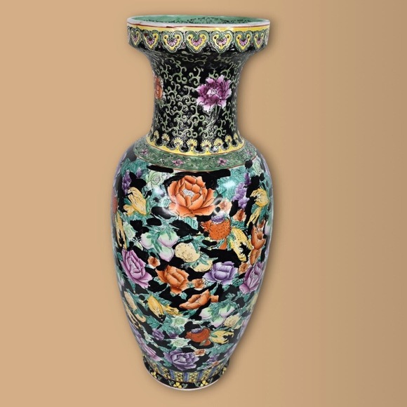 Big VTG Chinese Hand‎ painted Millefleur, Famille Flowers 24.5 In Porcelain Vase - Picture 3 of 14